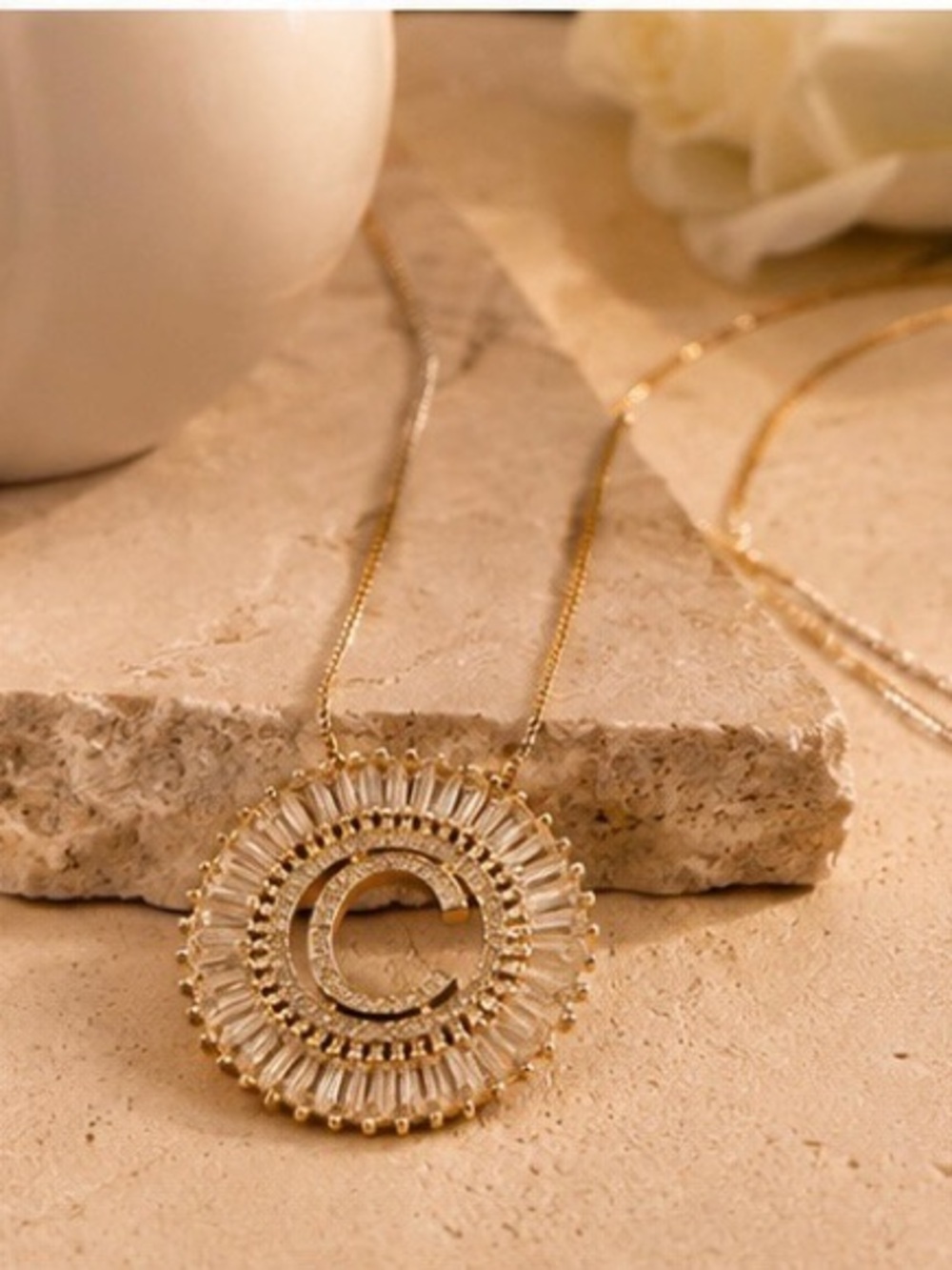 Gold Circular Crystal “C” Pendant Necklace - Women Jewelry- 14k necklace Gorg
